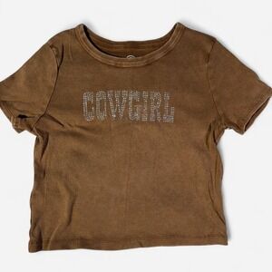 Brown Rhinestone Cowgirl Cotton Crop Top in a Large